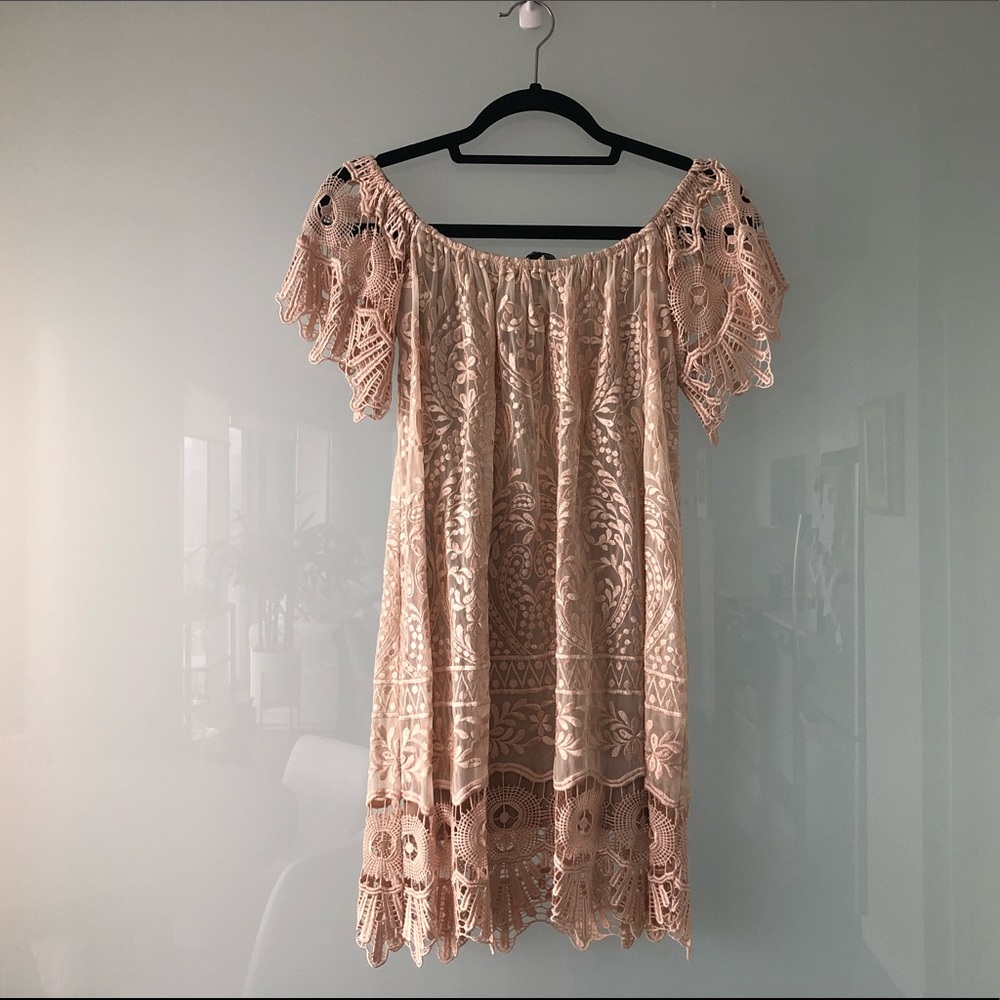 SKY Mini Lace Off Shoulder Dress in Champagne XS